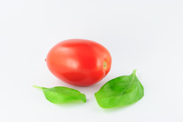 Tomate der Sorte Roma und zwei grüne Blätter
