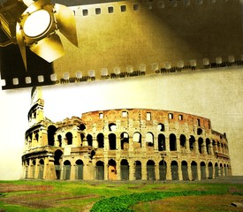 Obraz premium Vintage image of Colosseum with film strip and reflector