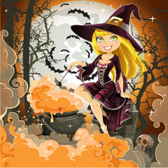 Witch with potion in the pot sits in the cemetery on Halloween n
