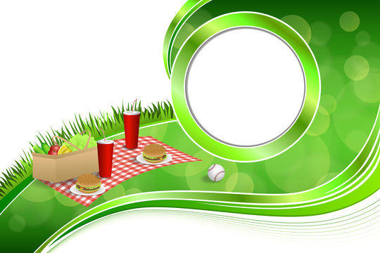 Background abstract green grass picnic basket hamburger drink vegetables baseball ball circle frame illustration vector