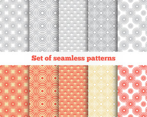 Geometrical seamless pattern. Gray, red, yellow, beige, circle,