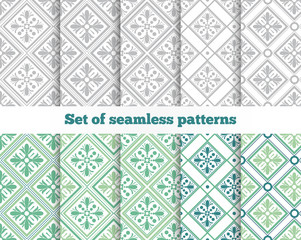 Geometrical seamless pattern. Gray, green, tile. Vector illustra