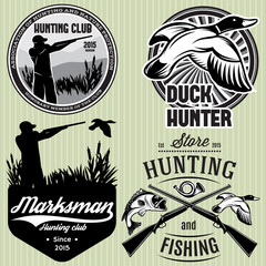 set of patterns with duck, dip, gun, hunter for hunting emblem