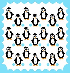 pattern of penguins on white background framed in blue
