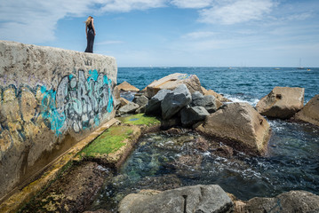Mediterranean Sea seen from breakwater on the Barceloneta beach in Barcelona, Spain