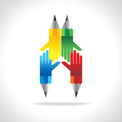 colorful pencil with hands team work idea concept 