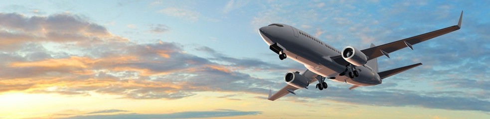 Modern Passenger airplane flight in sunset panorama - obrazy, fototapety, plakaty