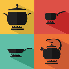 Four flat stylish vector kitchen and cooking icons with long shadows.