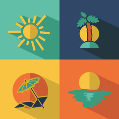 Fototapeta na wymiar Four vector flat icons with long shadow effect in modern colors of traveling, tourism and vacation.