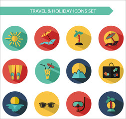 Vector flat icons collection with long shadow effect in modern colors of traveling, tourism and vacation.