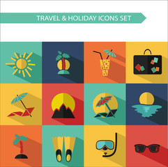 Vector flat icons collection with long shadow effect in modern colors of traveling, tourism and vacation.