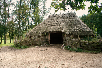 Fototapeta na wymiar Old prehistoric barn or shack with straw roof