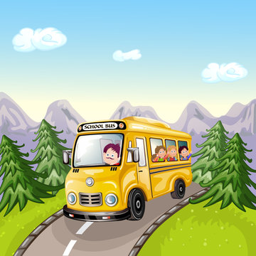 Illustration of kids and school bus in nature