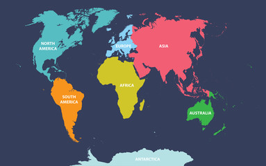 Weltkarte gefärbt nach Kontinenten auf dunklem Hintergrund