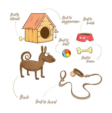 Dog Bob and her things,  doghouse, bowl, bone, ball and lead.
