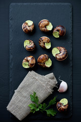Fototapeta na wymiar Stone slate plate with escargots de bourgogne, studio shot