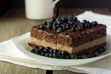 Chocolate cake with blueberry closeup
