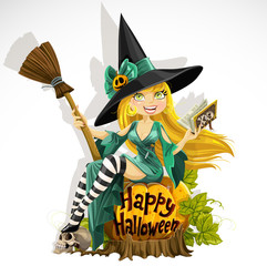 Beautiful young witch with a book and broom sitting on a pumpkin
