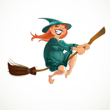 Cheerful old witch on the broom