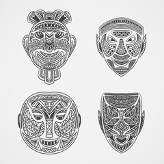 Collection of Tribal mask. Retro hand drawn vector illustration
