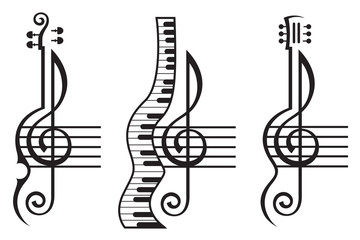 Naklejka premium monochrome illustration of violin, guitar, piano and treble clef