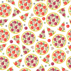 Seamless whole pizza and pieces pattern.