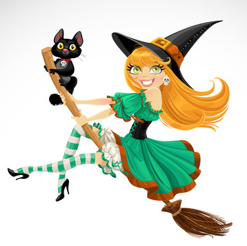 Beautiful red haired witch flying on broomstick