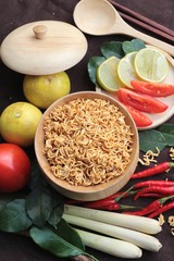 Dry instant noodle - asian ramen and vegetables for the soup