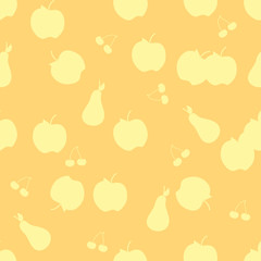 Seamless vector background with apple, pear and cherry on yellow background
