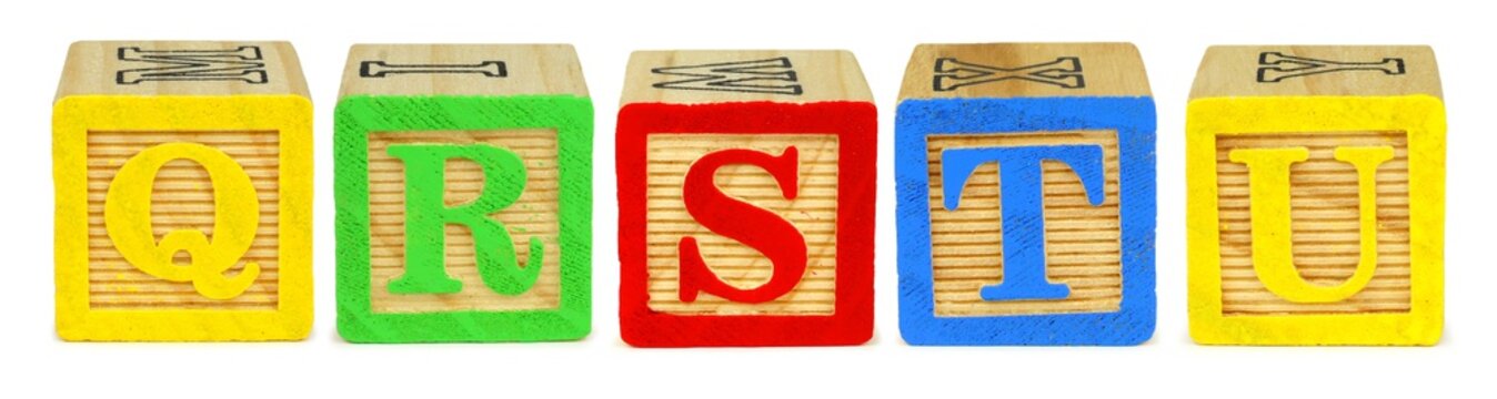 Q R S T U wooden toy letter blocks isolated on white