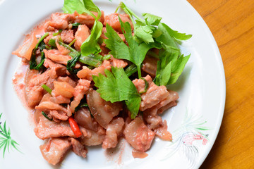 Stir fried pork with Pickled bean curd sauce and onion asian thai food