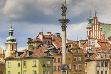 Old town in Warsaw, Poland. The Royal Castle and Sigismund's Col