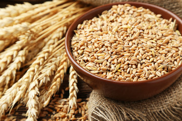 Ears of wheat and bowl of wheat grains on brown wooden backgroun