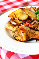 Chicken herbs dinner.
Chicken and herbs dinner with potatoes and garden peas.