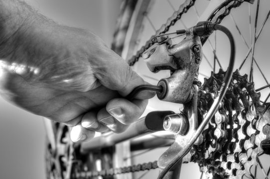 Fixing Bike Gears.
Man Fixing The Gears On A Mountain Bike.