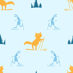 seamless pattern with fox and hare skiing