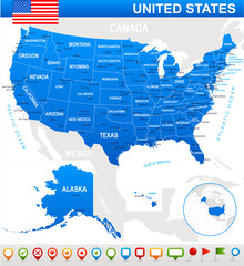 United States, USA.Highly detailed vector illustration.Image contains next layers. There are land contours, country and land names, city names, water object names, flag, navigation icons.