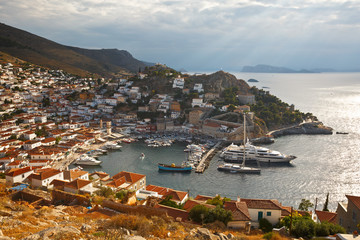 Naklejka na ściany i meble View of port of Hydra from a hill above the town.
