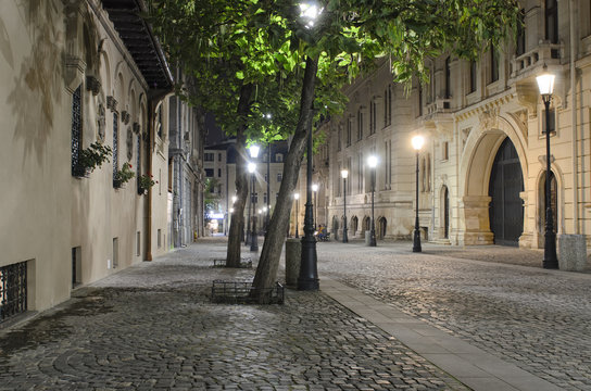 Night Street Scene In Bucharest Old City.