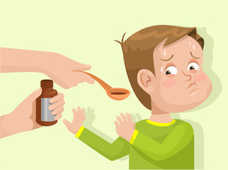 Child does not want to drink the medicine. Vector flat illustration