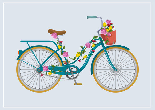 Bike with flowers. Vector flat illustration