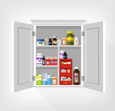 Cupboard with medicines. Vector flat illustration