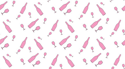 Vector seamless background of bottles and glasses contours on white background.