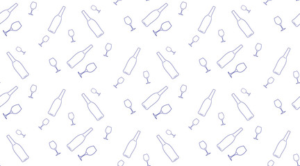 Vector seamless background of bottles and glasses contours on white background.