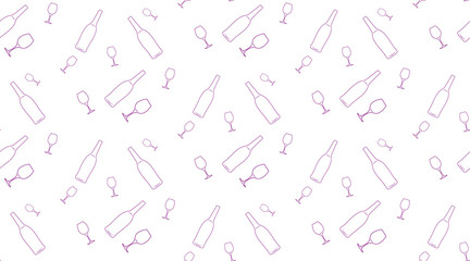 Vector seamless background of bottles and glasses contours on white background.