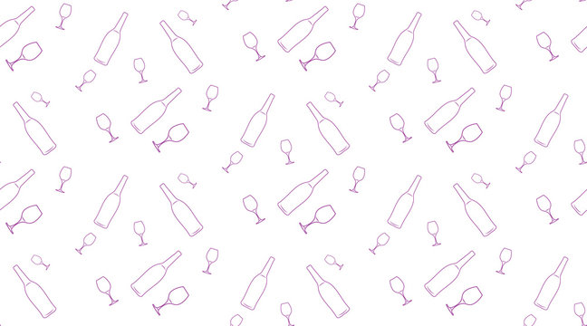 Vector seamless background of bottles and glasses contours on white background.