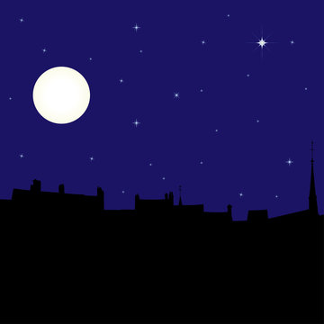 Silhouette of town at night, vector illustration