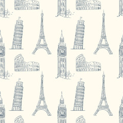 Vintage seamless pattern with sights of Europe. 