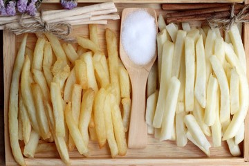French fries and fresh potatoes sliced