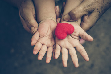 old hands holding young hand of a baby with red heart / family love